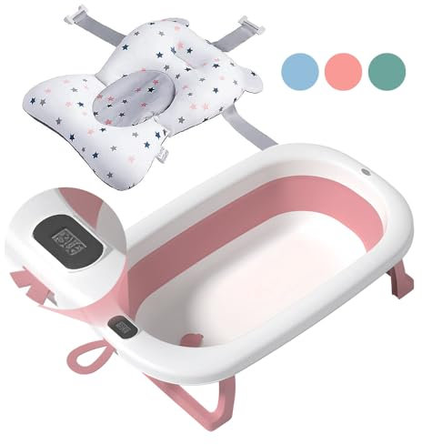 Bañera Bebé Plegable Portatil con Termómetro Integrado, Diseño Ergonómico, Cojín Antideslizante y Tapa de Seguridad (Rosa pastel)