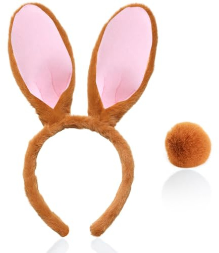 YUSHWENPTY Orejas y Cola de Conejo, 2 Piezas Diadema con Orejas de Conejo Cosplay Conejita Orejas Conejo Disfraz para Pascua Fiesta del Conejito (Marrón)