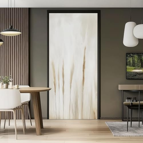 3D Türaufkleber 77 x 200 cm Pampasgras Natur Motiv Boho Türtapete Selbstklebend Wasserdicht Abnehmbar Türfolie Türposter Fototapete für Wohnzimmer Schlafzimmer Küche Bad Deko Hellbraun Beige PVC
