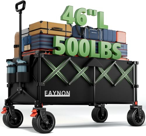 46 L Collapsible Foldable Extended Wagon, 500LB Weight Capacity with 280L Heavy Duty Folding Cart,Utility Wagon with All-Terrain Beach Wheel & Drink Holders,Black
