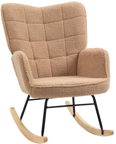 HOMCOM Fauteuil à Bascule, Rocking Chair, Revêtement Bouclette, Marron | Chaise à Bascule, Structure en Acier, Pieds en Bois Massif