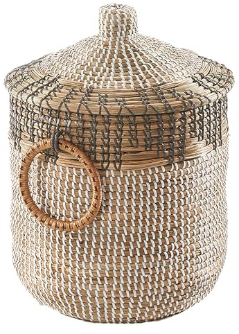 Kobolo Schlangenkorb BIRA aus Seegras | Ø 31 cm, H 44 cm | handgeflochtener Aufbewahrungskorb mit Deckel in beige | Ordnungshelfer | Deko Korb | aus Naturmaterial für Spielzeug, Zeitungen oder Bücher