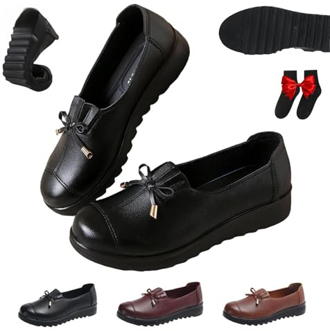 Mocasines cómodos para mujer, mocasines ortopédicos de cuero transpirable con lazo, parte inferior suave, ligeros, puntera redonda, zapatos planos para el trabajo, conducción, zapatos para mamá, Black