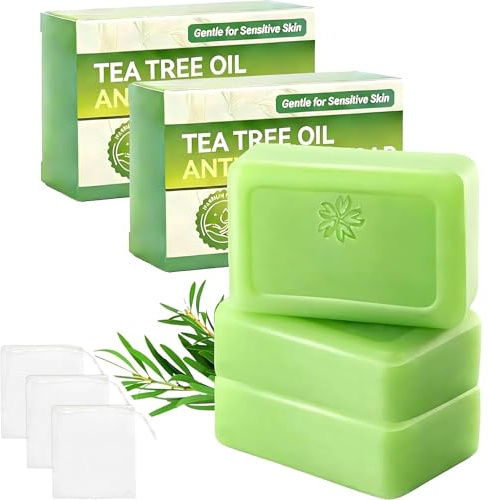 Lot de 3 savons à l’huile d’arbre à thé – Savon purifiant visage et corps pour peaux à imperfections, nettoyage en profondeur, contrôle du sébum, parfum frais