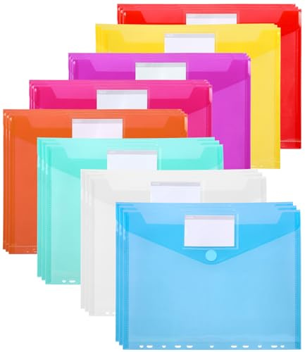 24 Piezas Carpetas Plastico A4, 8 Colores Carpeta Fundas Plastico A4 | Carpeta Sobre Con 11 Agujeros y Cierre a Presión Con Solapa, Ideal Para Guardar y Organizar Documentos
