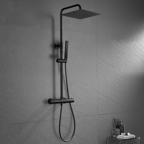 JOHO Thermostat Duschset aus Edelstahl Duschsystem mit Thermostatarmatur XL Kopfbrause Matt Schwarz 25x25cm