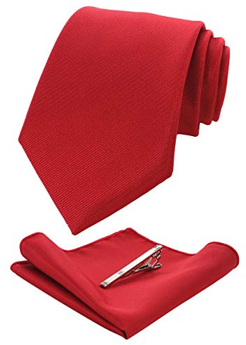 JEMYGINS - Cravatta da uomo, fazzoletto da taschino e fermacravatta, per matrimoni, tinta unita, disponibile in diversi colori, Colore: rosso, M