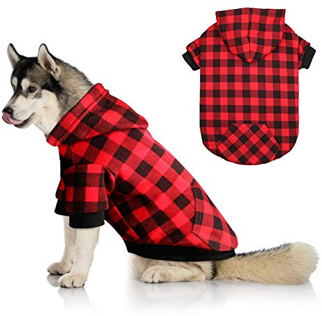 Red Plaid Dog Hoodie Sweater for Large Dogs Pet Clothes with Hat and Pocket（L）