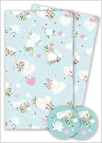 Abacus Cards Wrapping Paper 11365A Love Heart & Flowers Gift Wrap Pack with 2 Sheets & 2 Tags, Plastic free & FULLY RECYCLABLE, multicoloured