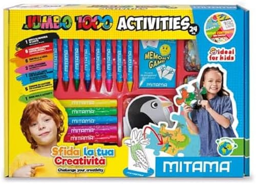 Mitama, JUMBO 1000 ACTIVITIES-spellådor, 24 st, tvättbara markörer, vaxkritor, klistermärken, målarbok och kort, minnesspel, kreativa spel för barn, träningsspel