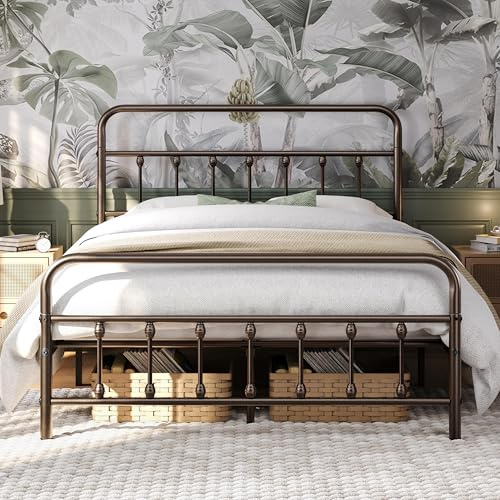 Yaheetech Classic Metal Platform Bed Frame Mattress Foundation with Victorian Style Iron-Art Headboard/Footboard/Under Bed Storage/No Box Spring Needed/Queen Size Bronze