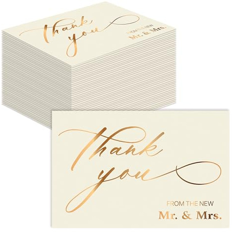 Better Office Products 50 Pack Wedding Thank You Cards in Metallic Gold with Envelopes, Thank You From The New Mr and Mrs, 4 x 6 Inch, Blank Cards, 50 Count Boxed Set