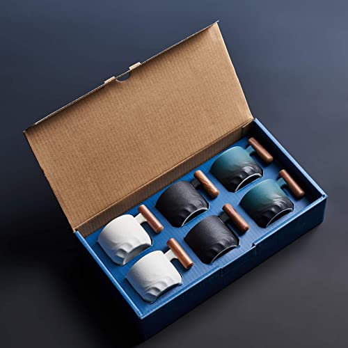BlogBlog Tasses à expresso en céramique avec poignée en bois, verre à shot Espresso, 85 ml (Noir & Bleu & Blanc, 6)