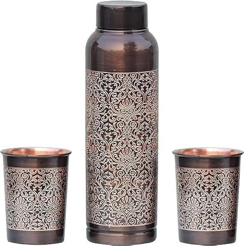 ANCIENTIMPEX Bouteille d'eau en cuivre pur avec 2 gobelets, beau motif floral en forme de maison lumineuse pour les bienfaits de l'Ayurveda pour la santé