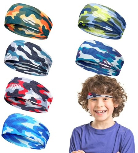 6Pcs Breathable Sports Sweatbands for Kids - Ages 4-10 Boys Girls Sweat Wicking Non Slip Elastic Hairbands, Athletic Headbands Accessories Gifts for Football Soccer Basketball Baseball Dance, Camo