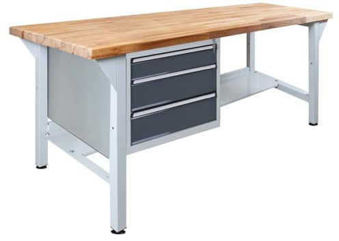 Steinbock Werkbank mit 3 Schubladen | 500 kg Tragkraft | HxBxT 85 x 150 x 75 cm | Anthrazitgrau | 5 cm Starke Massivholz-Arbeitsplatte | stabiles Stahlgestell | Made in EU | Profi-Werktisch
