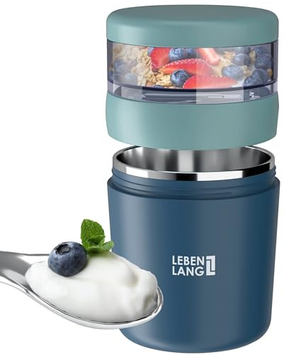 LEBENLANG Porta yogurt con cucchiaio - Parete interna in acciaio inox isolante & 650ml I Porta yogurt termico I Contenitore yogurt e cereali Cereal cup bambini da asporto Tazza per muesli refrigerato
