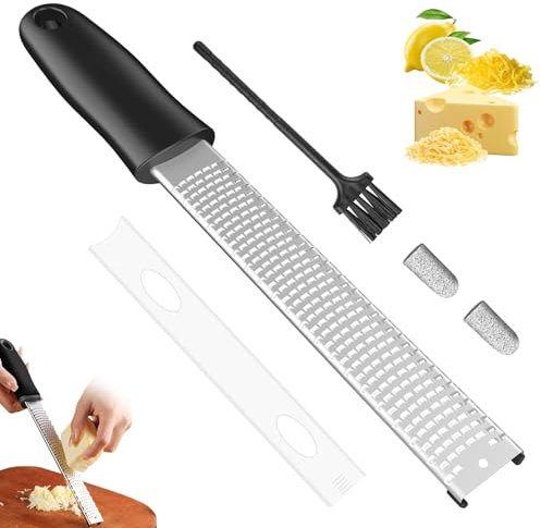 Käsereibe Zester Reibe - Küchenreibe Knoblauchreibe I Edelstahlklinge I Zitronenreibe für Zitrusfrüchte, Hartkäse, Ingwer, Schokolade & Muskatnuss mit feiner Edelstahlklinge, Reinigungsbürste