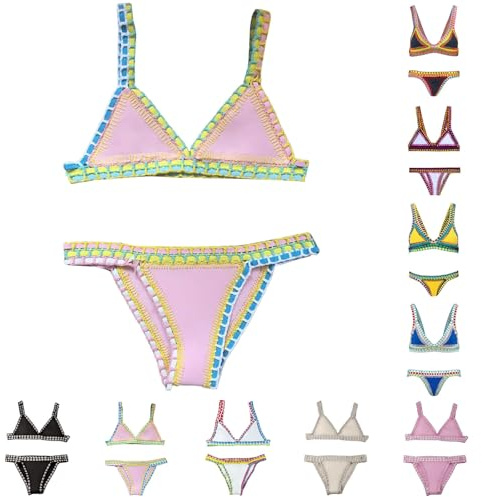 Maillot de Bain Triangle Maillots De Bains Femme 2 Pieces Couleur Vive Patchwork Fait Main Crochet pour La Plage Maillot de Bain Deux Pièces Haut Et Bas De Bikini Taille Basse Maillots De String