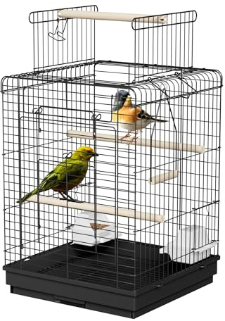 UISEBRT Jaula para pájaros con techo abierto, barras de madera y comederos - Gran aviario para pájaros, jaula para pájaros de metal para pinzones, canarios, periquitos y otros pájaros de tamaño