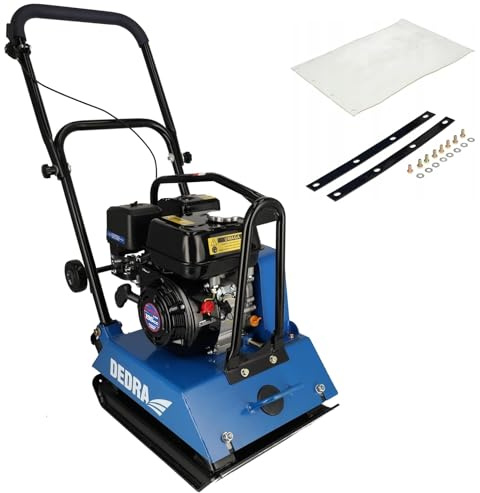 DEDRA Rüttelplatte Leistung 4100 W, Gewicht 88 kg, Hubraum 196 cc Loncin, Plattengröße 420x550 mm, 5800 Schläge pro Stunde, für Bauarbeiten, mit Gummimatte, mit Räder und große Transportgriffe