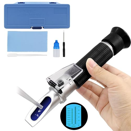 XSQD Handheld Salinity Refractometer, Sugar Content Specific Gravity Meter Tester, ATC Automatic Temperature Compensation Alcohol Detector, Suitable For Testing Sugar, Alcohol, And Salinity Content