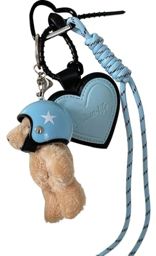 Bonito llavero con forma de oso de casco, colgante de cuerda tejida, colgante creativo para decoración de coche, cadena de coche, llavero de oso, bolsa de cuerda tejida, llavero de teléfono, azul