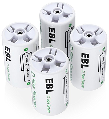 EBL AA to D Battery Converters, Pack of 4 AA to D Battery Adapters, Battery Spacer for AA Batteries