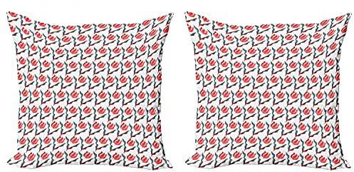 Lunarable Tulip Throw Pillow Cushion Cover Pack of 2, Retro Endless Regular Aesthetic Dutch Tulip on Plain Background Artisan Style, Zippered Double-Side Digital Print Decor, 18, Teal Red