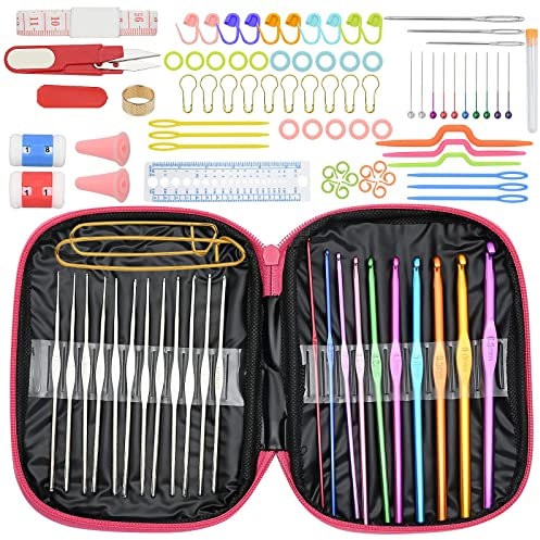 100 Pcs Crochet Hooks Set, Aluminum Knitting Needles Ergonomic Coloured Crochet Hooks with Pink Storage Bag, Scissors & Cable Needles, for DIY Weave Yarn Beginners and Professionals