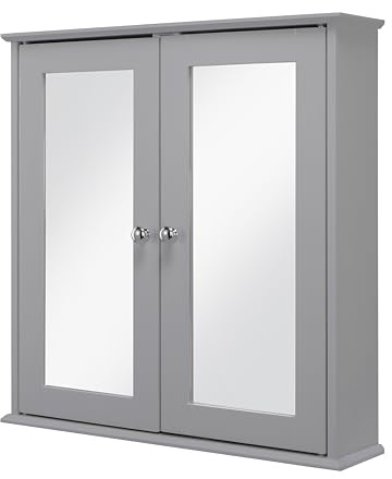 Croydex Ashby Grey Wooden Cabinet for Bathroom - Double Door Bathroom Mirror Cabinet with 2 Adjustable Shelves and Easy Hang 'n' Lock Installation (58 x 56cm)