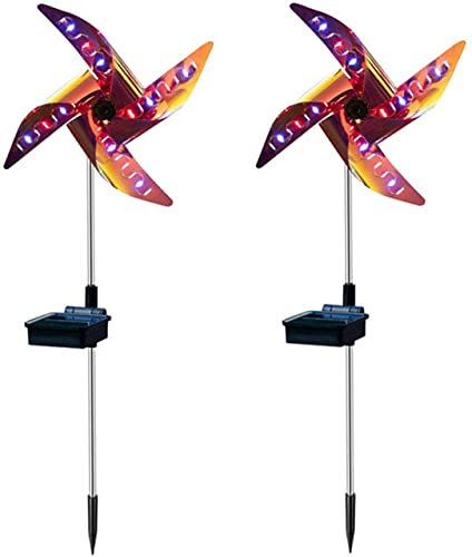 Yangers 2 Pack Rainbow Garden Solar Windmill Light Decoration Led Solar Ground Lights Garden Ornaments Outdoor Wind Spinner Lamp for Lawn Patio Yard Pathway Decor Auto On/Off, (SP-025)