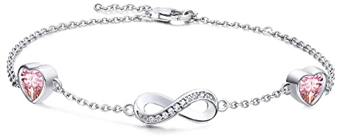 Qings Infinity oändlighet armband kvinnor sterlingsilver födelsesten armband armband med 2 hjärta amuletter justerbar armband alla hjärtans dag mors dag jul present till mamma flicka, 23 centimeters,