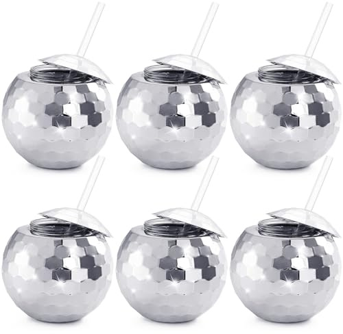 Nicunom 6 Pack Disco Ball Cups with Lids & Straws, 600ml Reusable Silver Disco Ball Tumbler 1970s Disco Flash Ball Cocktail Cup Sparkly Glitter Disco Bar Party Wine Drinking Tea Syrup Bottle