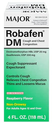 MAJOR Robafen DM Liquid - Helps Support Cough and Chest Congestion Relief - Dextromethorphan HBr 20mg - Guaifenesin 200mg - Cough Suppressant Expectorant - Non-Drowsy - Raspberry Flavor - 4 Fl Oz