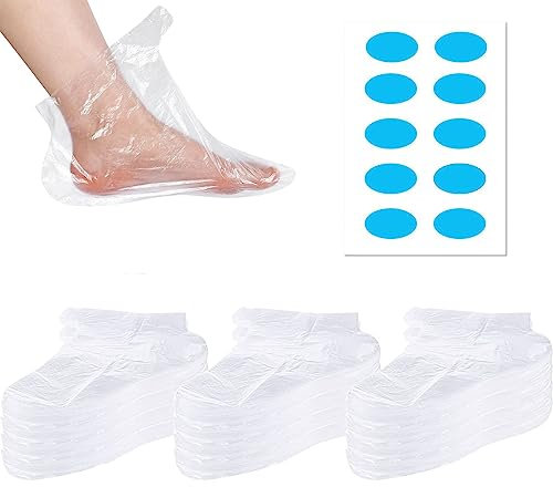 PLABBDPL Chaussettes Jetables en Plastique pour Pédicure et Cire de Paraffine, 100 pièces Ensemble de bain de cire de paraffine, Avec 100 Autocollants