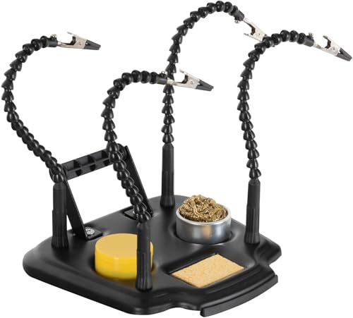 Stagecaptain LH-400 Ayuda para Soldar: mano auxiliar con 4 brazos flexibles y pinzas, esponja, flux, limpiador de puntas y soporte para carrete de estaño, ideal para soldadura y manualidades.