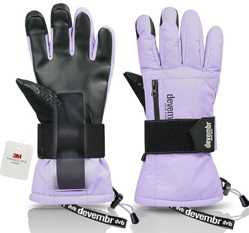 devembr Skihandschuhe mit Handgelenkschützern, Warme Snowboardhandschuhe für Herren und Damen, Lila, S