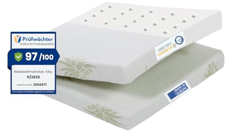 Kiby® Reisebettmatratze 120x60 cm | Höhe 7cm | (Oeko-TEX® & Certipur™ Zertifiziert) Atmungsaktiv aus Aloe Vera, Faltbare