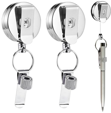 HAOXYO 2 Pcs Porte Stylo Rétractable, Enrouleur Badge, Anneau à Ressort Réglable, Clip Ceinture Métallique Fixe - Idéal Pour Infirmières, Contremaîtres