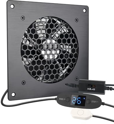 euroharry USB-Lüfter 120MM, Digitalanzeige temperaturgesteuertes leises Lüftersystem, 5V-Lüfter mit modernem gebürstetem schwarzem Aluminiumrahmen für Heimkino-AV-Schränke