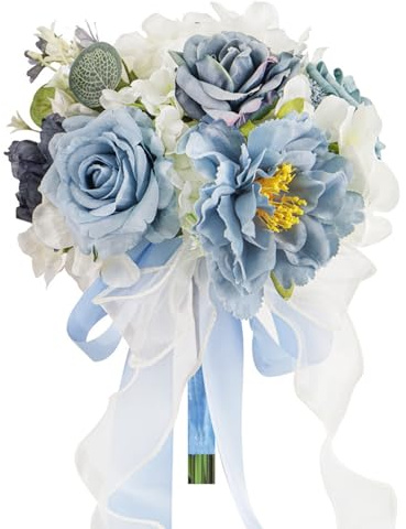 Dusty Blue Wedding Bouquets for Bride Bridesmaid,White Navy Blue Artificial Fake Silk Roses Flowers Bridal Bouquets for Wedding Boho Rustic French Vintage Church Decoration Toss Bouquet (8.6in(M))