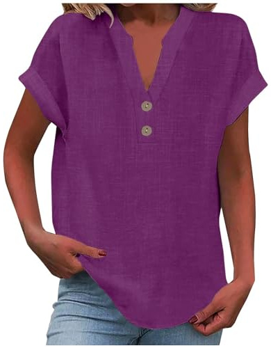KOG Damen T-Shirt Lose Leinenshirt Tshirts Elegant Kurzarm Kleidung Frauen Shirts Basic Leinenhemd Bluse Frau Rundhals Vintage Bekleidung Lila XL
