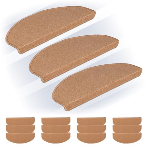 Relaxdays Alfombras Escaleras, Set 15, Alfombrillas Escalones, Circular, Antideslizantes, 65x24 cm, Autoadhesivas, Beige