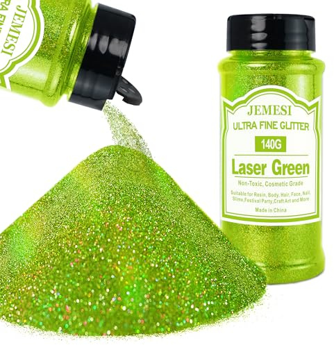 JEMESI Grönt glitterpulver, 140 g – 0,2 mm ultratunt glitterpulver glitter för epoxiharts, gör-det-själv-pyssel, tumbler målning ljus tillverkning; kosmetiskt glitter, nagelpulver, body glitter hår