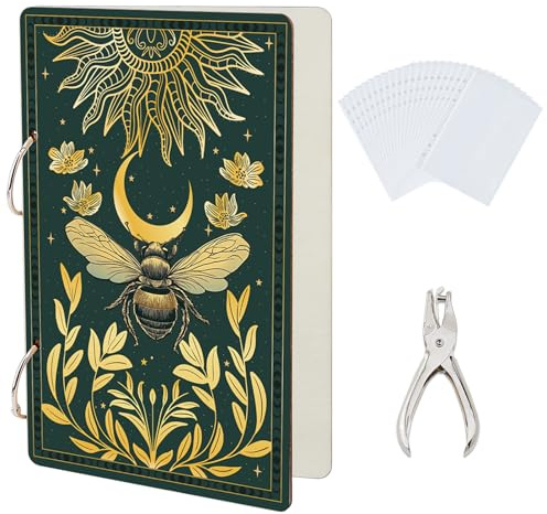 SUPERDANT Album Carte Postale de Vœux Motif Abeille Soleil et Lune Presentoir Rangement Photo pour Anniversaire Mariage Fêtes 2 anneau Perforateur et 20 poches Intérieures