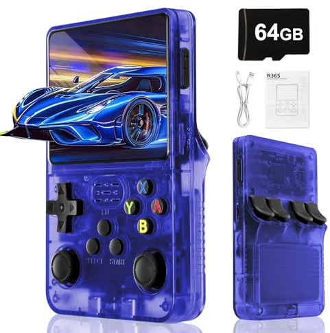 Blidinner R36S Retro Handheld Video Game Console -Linux System,3000mAh Battery,3.5 Inch Screen,64G TF Card,20000+ Classic Games,Portable Game Console for Present to Give Friends for Christmas-Blue