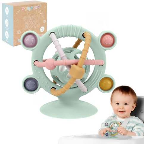TYRY.HU Sonaglio da Dentizione per Bambini, con Ventosa e Silicone Alimentare, Gioco Sensoriale per Seggiolone, Regalo Neonato 0-12 Mesi, Gioco Attività Sviluppo Motorio