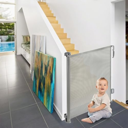 Peviasot Trappskyddsgaller, utdragbart dörrskydd, 0–180 cm, babytrappgaller, babygaller med nät, husdjursbarriär, dörrgaller med vridlås, för inomhus- och utomhusbruk, grå