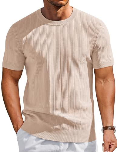 COOFANDY Men's T-Shirts Short Sleeve Knit Sweater Shirt Casual Crewneck Ribbed Pullover Shirts, Beige
